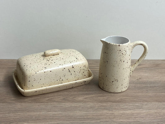 Butter Dish and Milk Jug set in Speckled Honey Glaze