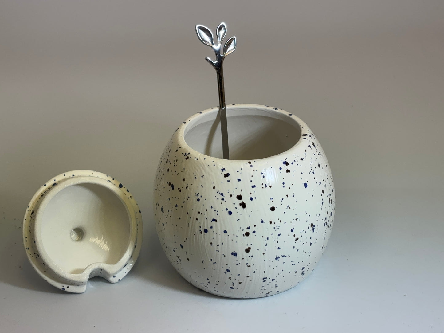 Sugar Bowl with Lid and Spoon in a Speckled Blue Glaze