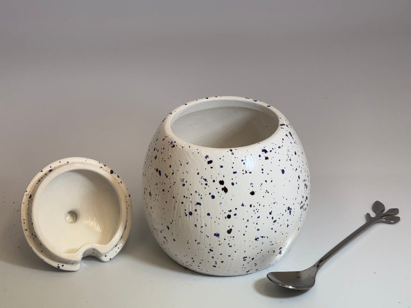 Sugar Bowl with Lid and Spoon in a Speckled Blue Glaze
