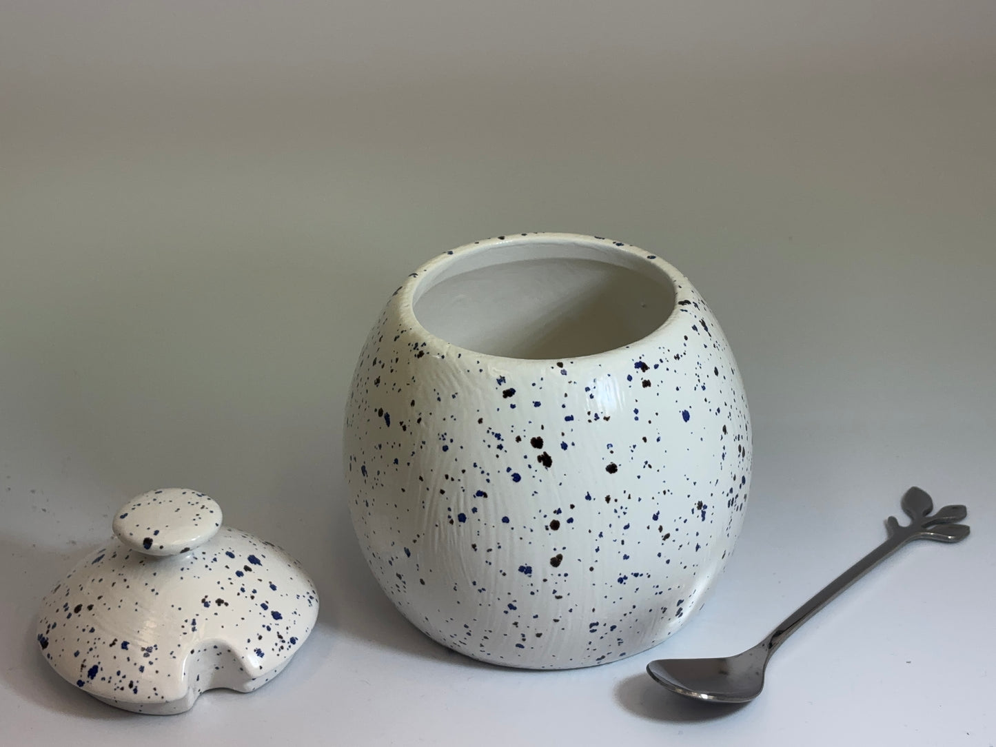 Sugar Bowl with Lid and Spoon in a Speckled Blue Glaze