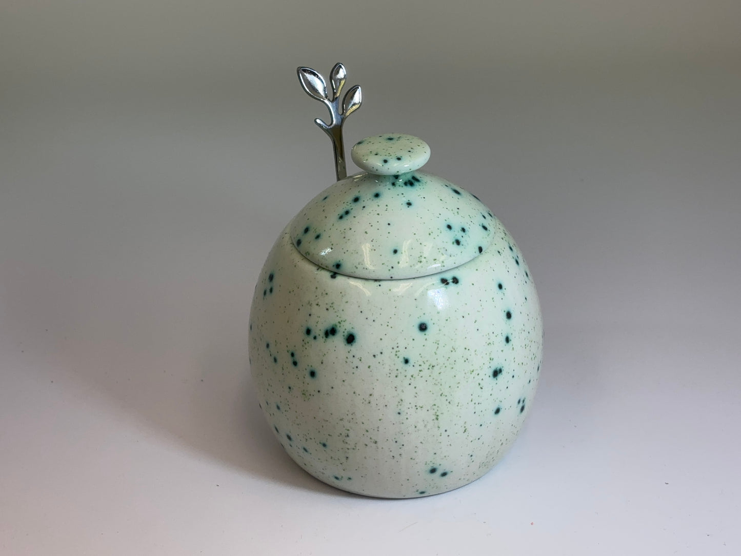 Sugar Bowl with Silver Leafy Spoon Speckled Green Glaze