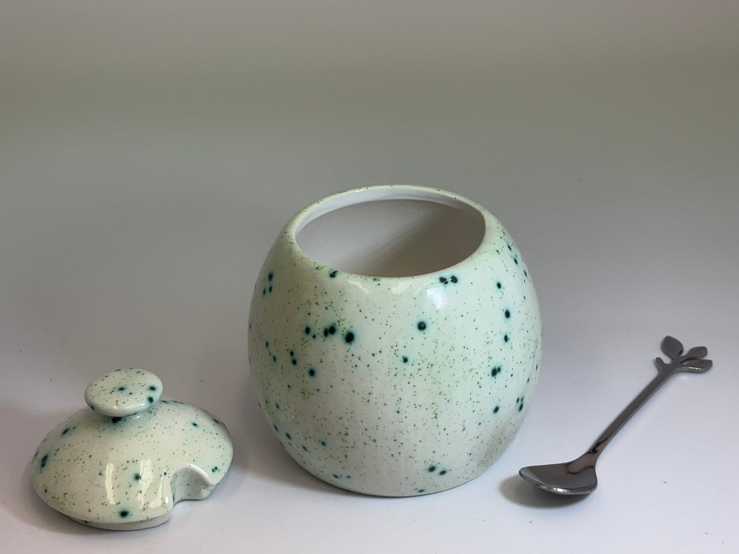 Sugar Bowl with Silver Leafy Spoon Speckled Green Glaze