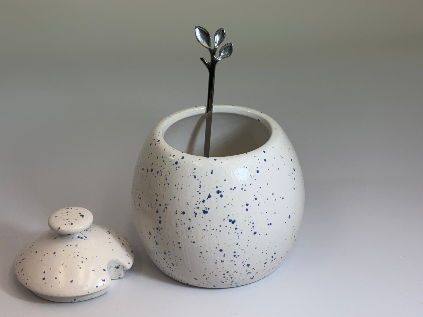 Sugar Bowl with Spoon Light Speckled Blue