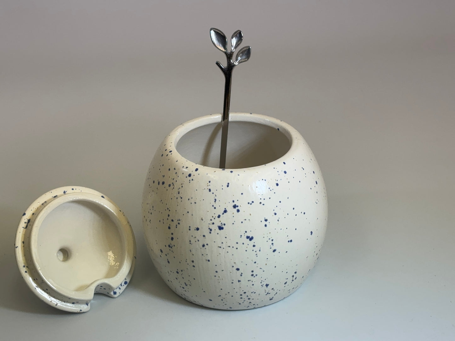 Sugar Bowl with Spoon Light Speckled Blue