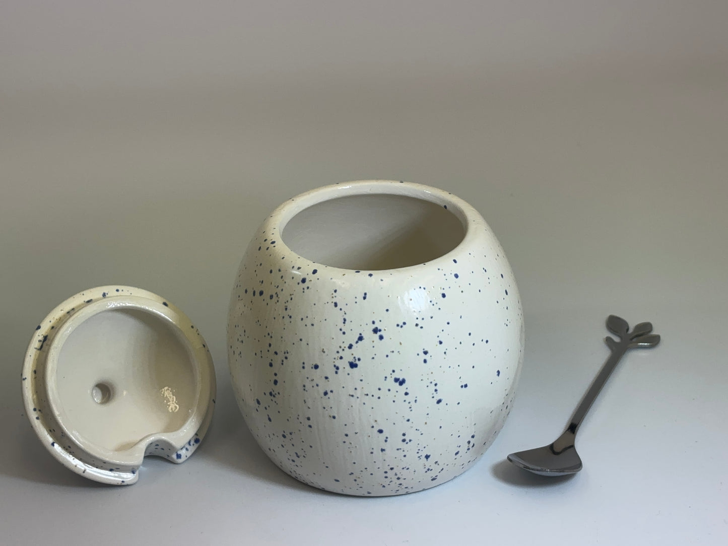 Sugar Bowl with Spoon Light Speckled Blue