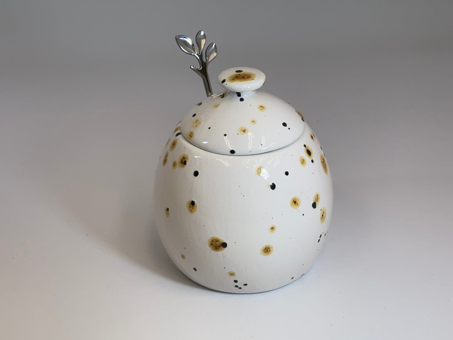 Sugar Bowl with Lid, Jam Pot, Leafy Spoon, Confetti Glaze