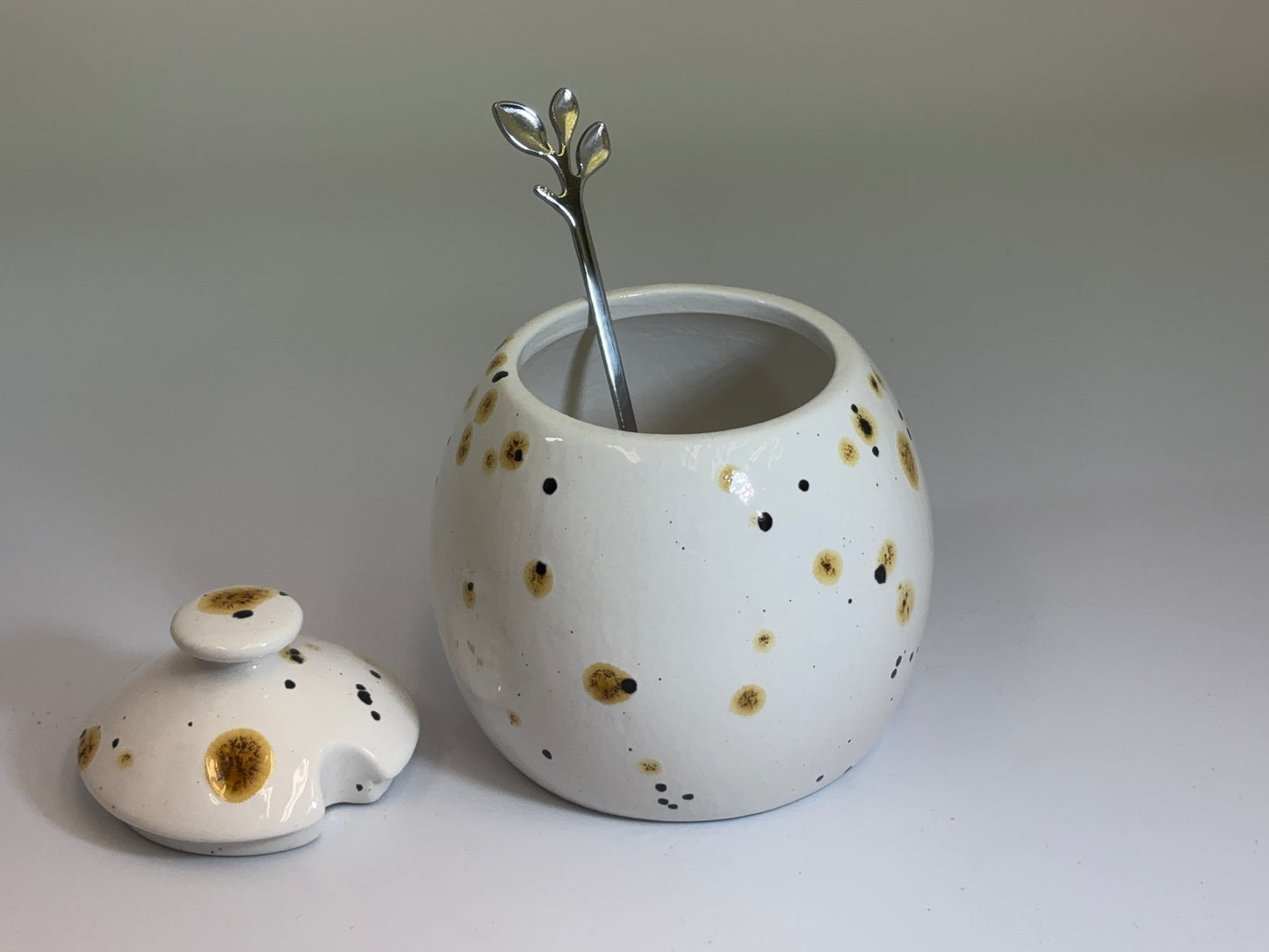 Sugar Bowl with Lid, Jam Pot, Leafy Spoon, Confetti Glaze