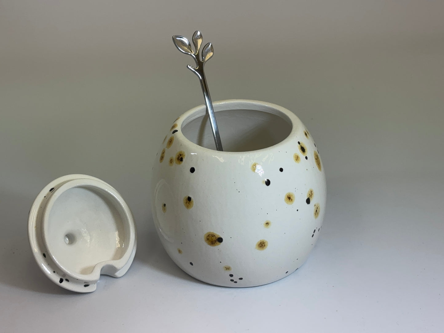 Sugar Bowl with Lid, Jam Pot, Leafy Spoon, Confetti Glaze