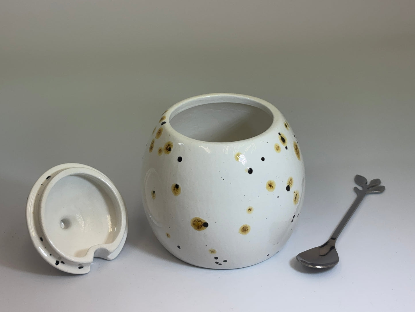 Sugar Bowl with Lid, Jam Pot, Leafy Spoon, Confetti Glaze