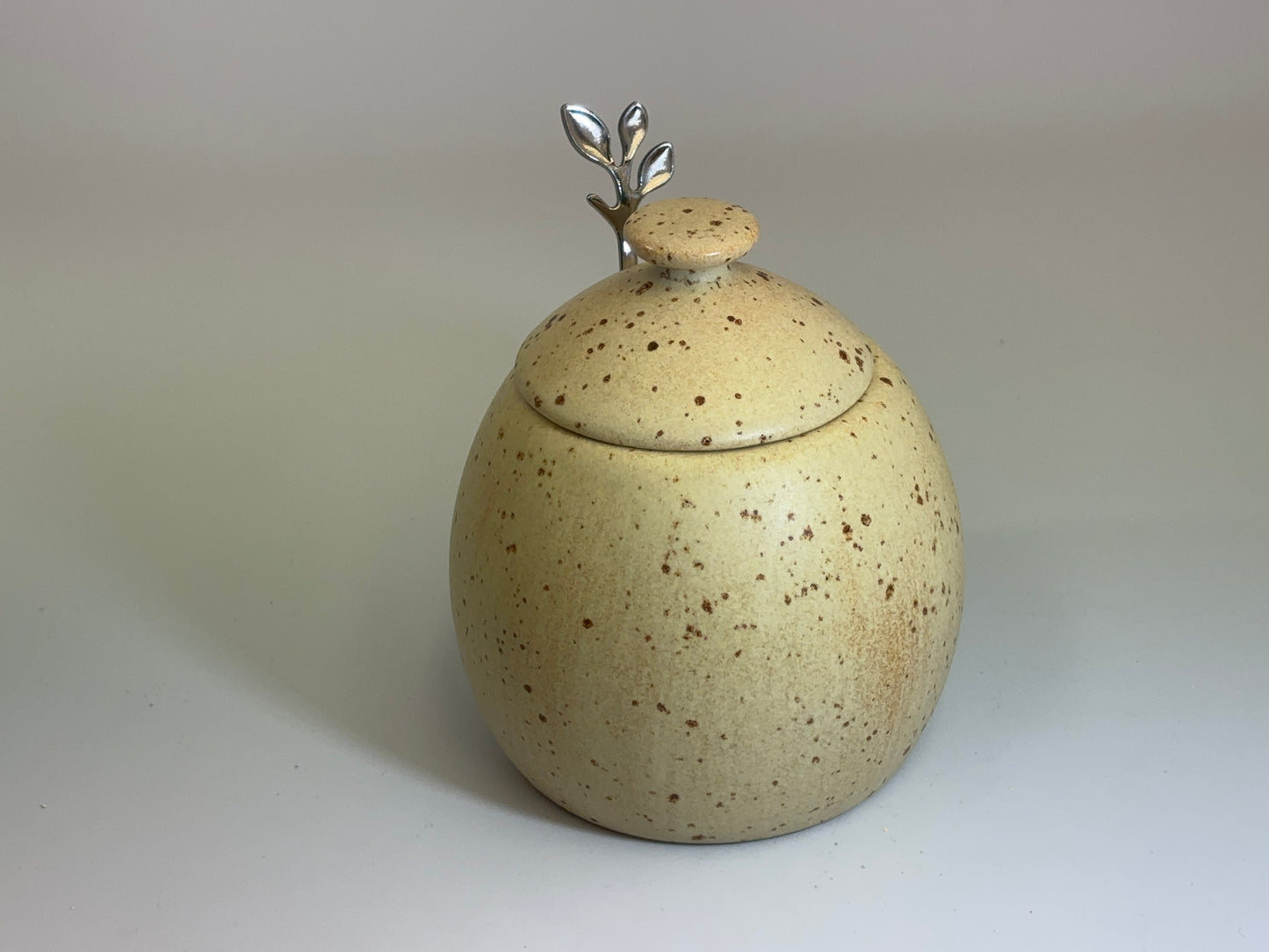 Sugar Bowl, Jam Pot, with Leafy Spoon Oatmeal Glaze