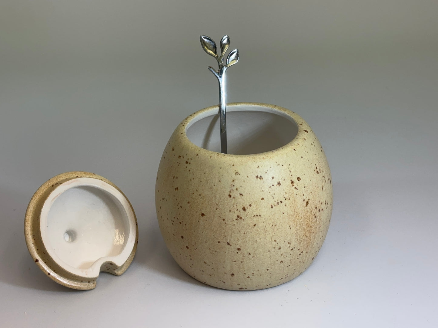 Sugar Bowl, Jam Pot, with Leafy Spoon Oatmeal Glaze