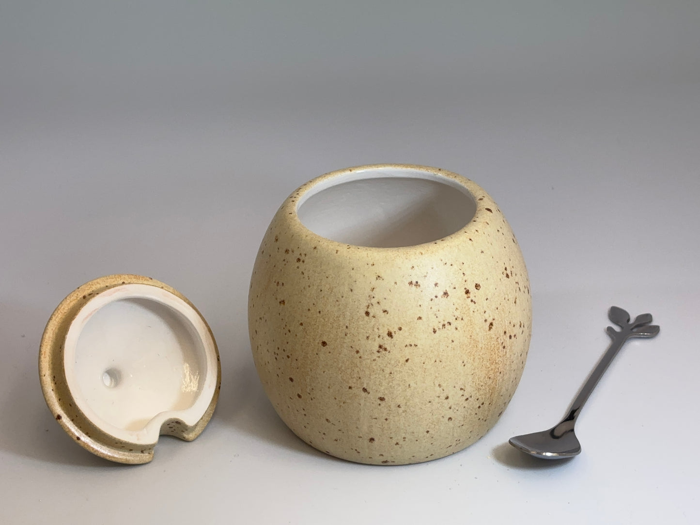 Sugar Bowl, Jam Pot, with Leafy Spoon Oatmeal Glaze