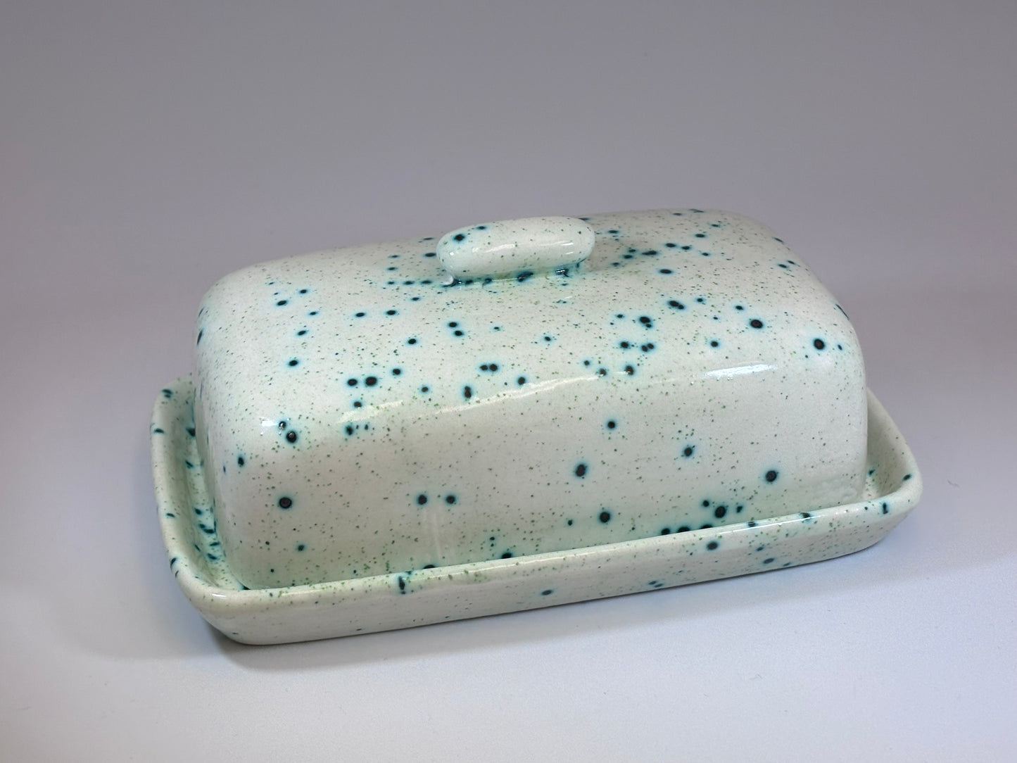 Butter Dish, Speckled Green Glaze