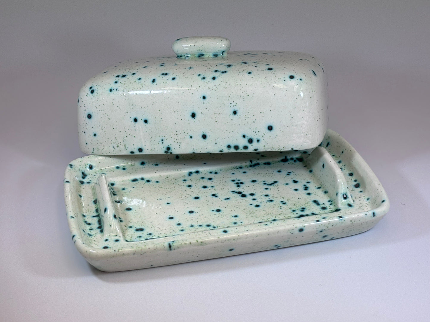 Butter Dish, Speckled Green Glaze