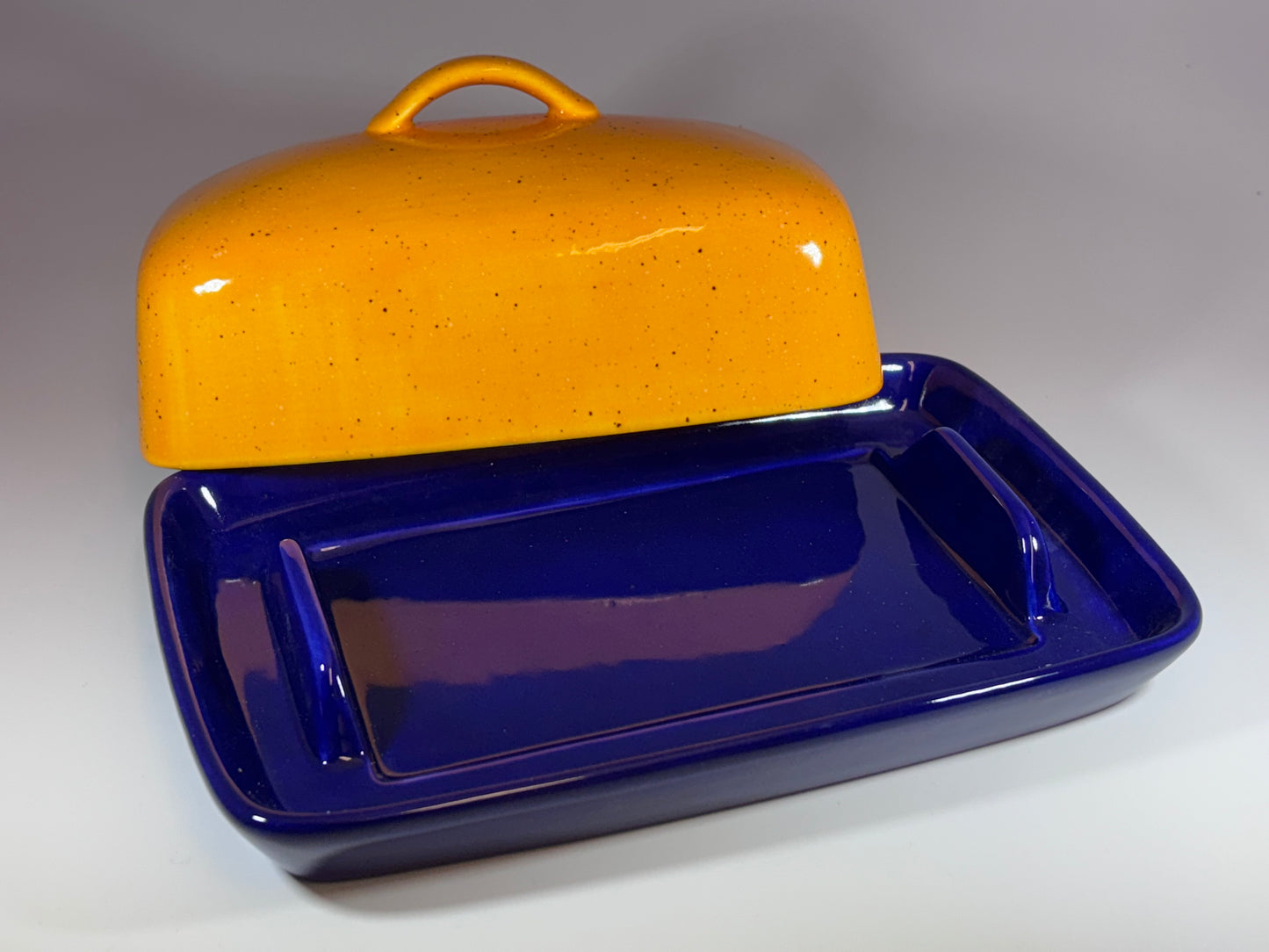 Royal Blue Butter Dish with Yellow Lid and Handle