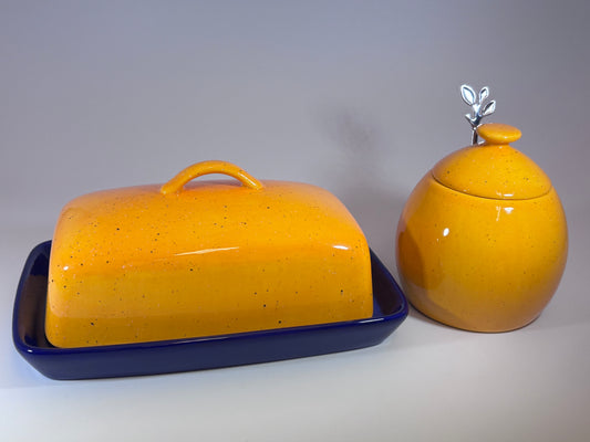 Butter Dish and Sugar Bowl Set - Yellow Speckle Glaze