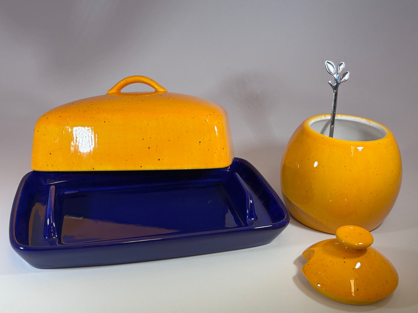 Butter Dish and Sugar Bowl Set - Yellow Speckle Glaze