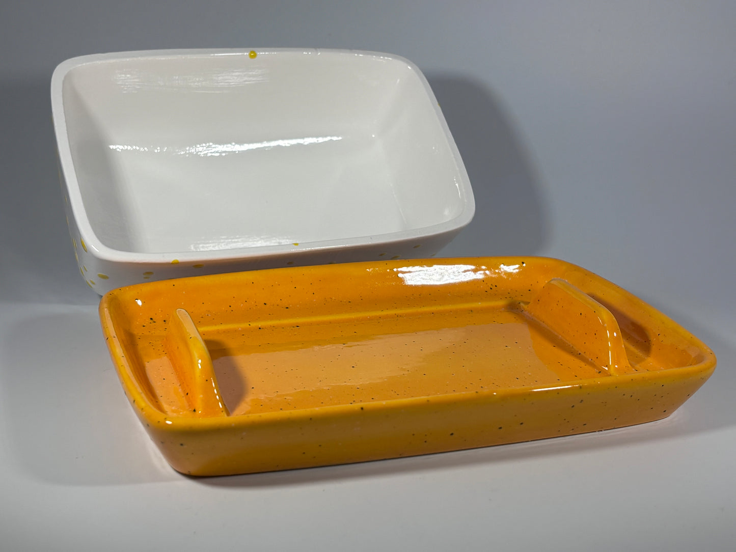 Stoneware Butter Dish with White Lid Yellow Spots