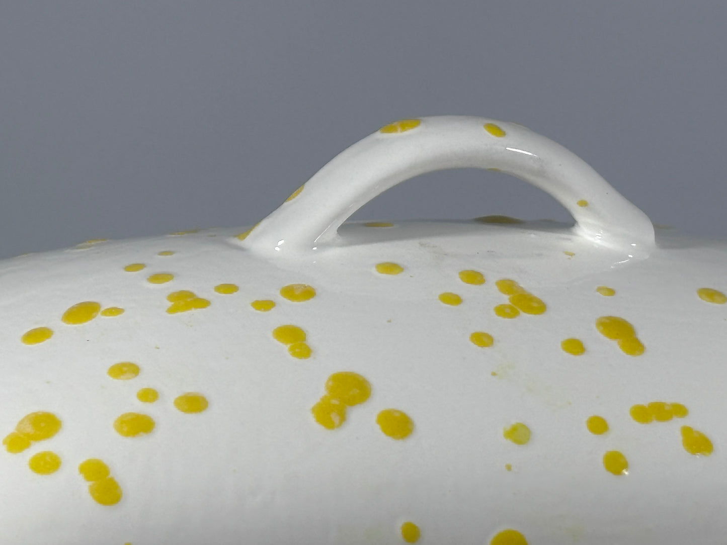 Stoneware Butter Dish with White Lid Yellow Spots