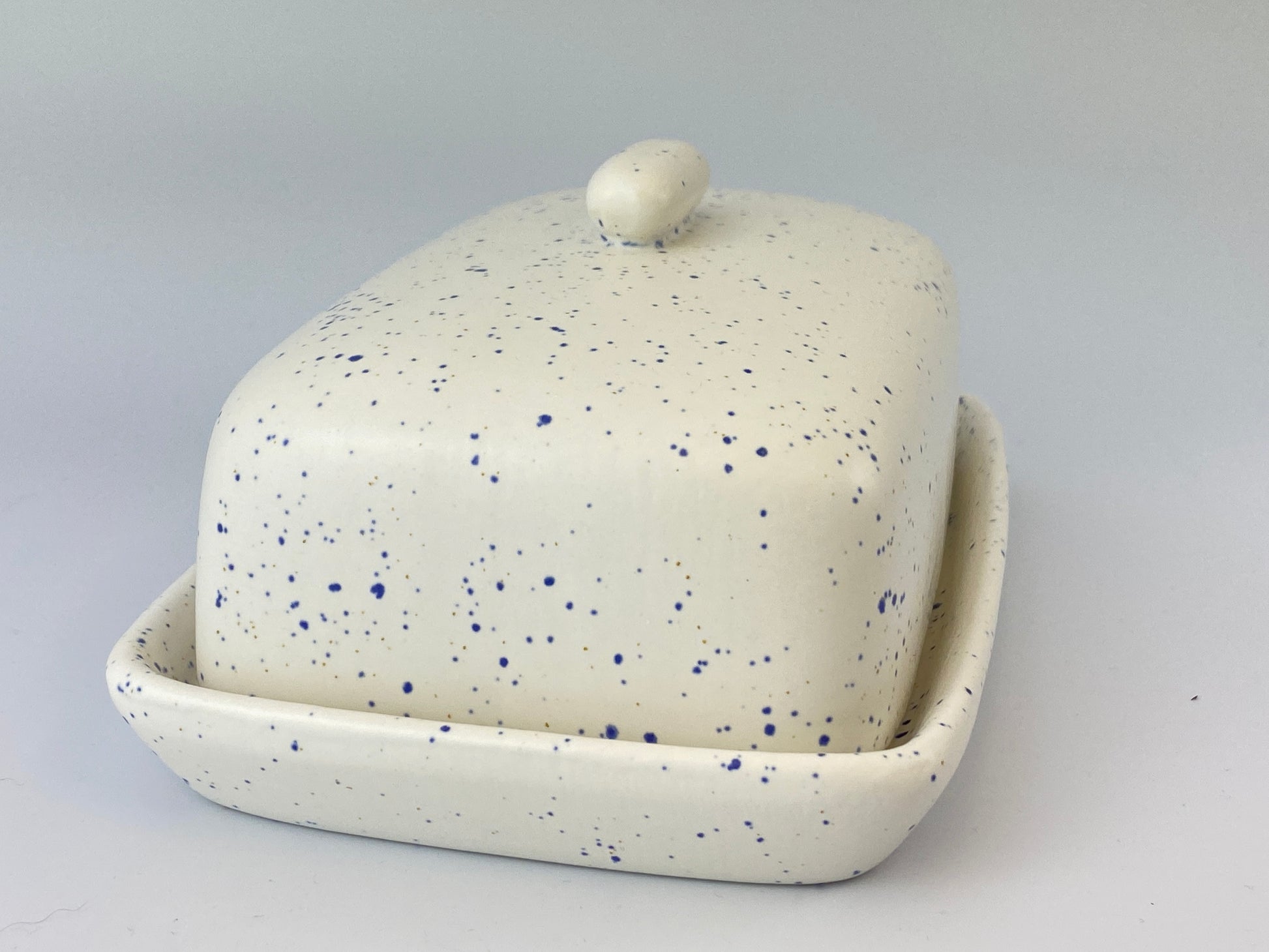 Handmade Butter Dish - Light Speckled Blue Glaze - PeterBowenArt