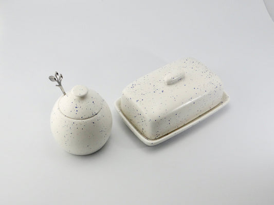 Butter Dish and Sugar Bowl Set - Light Blue Speckled Glaze - PeterBowenArt