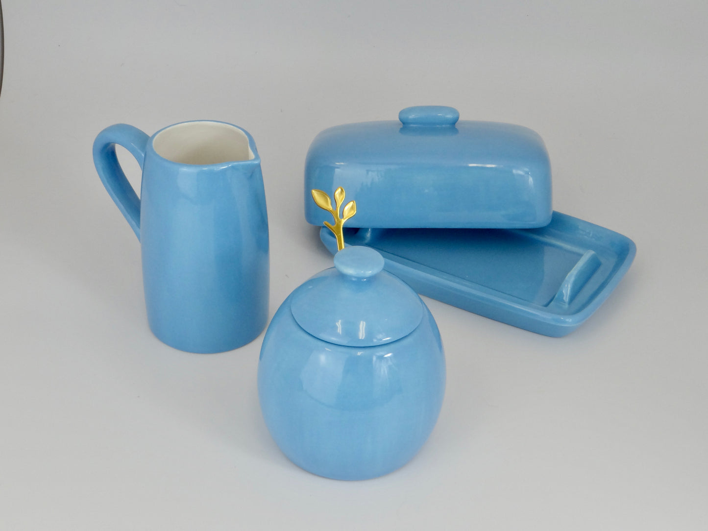 Butter Dish, Sugar Bowl, Milk Jug, Sky Blue Glaze, Peter Bowen Art