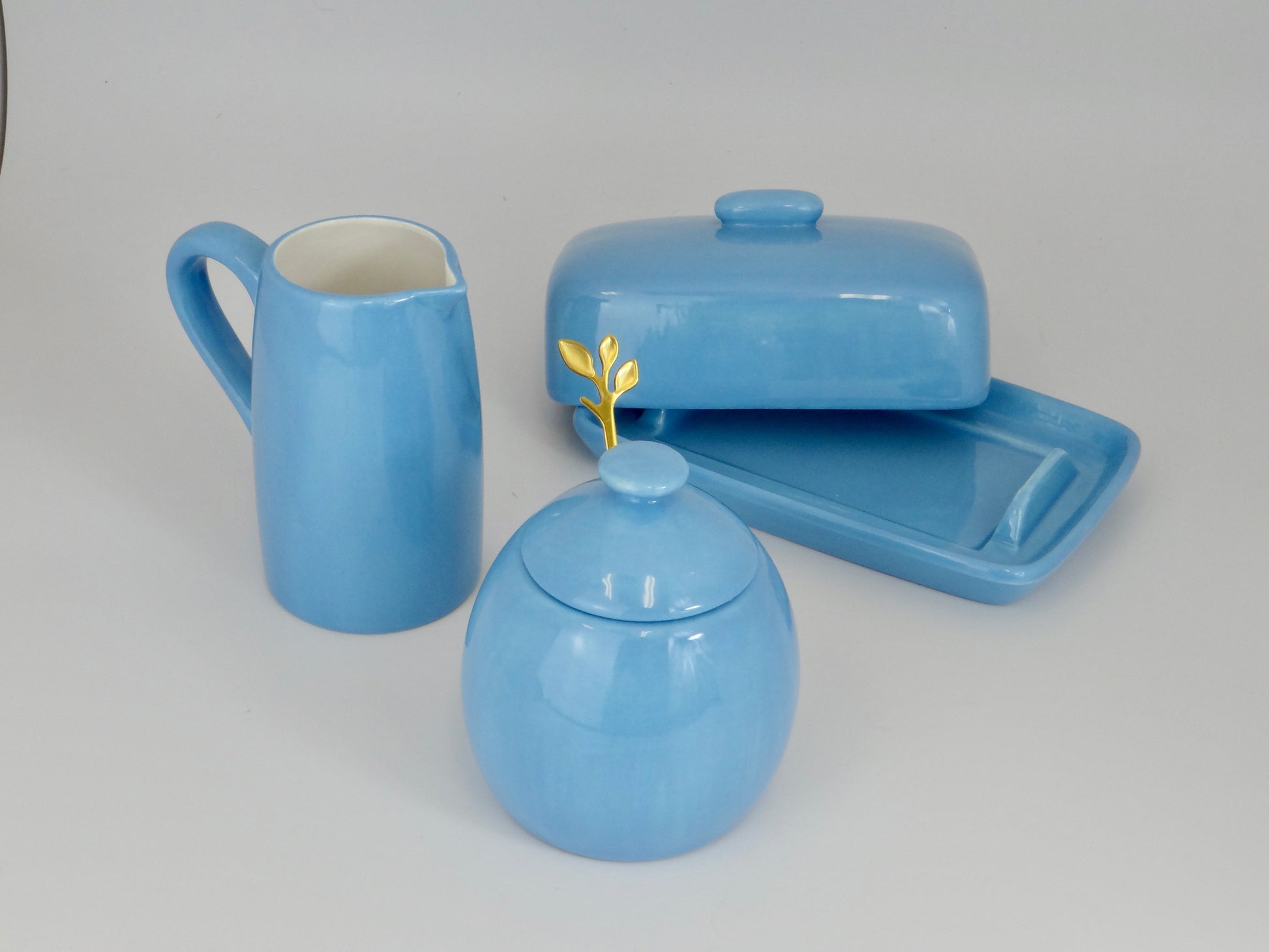 Butter Dish, Sugar Bowl, Milk Jug, Sky Blue Glaze, Peter Bowen Art