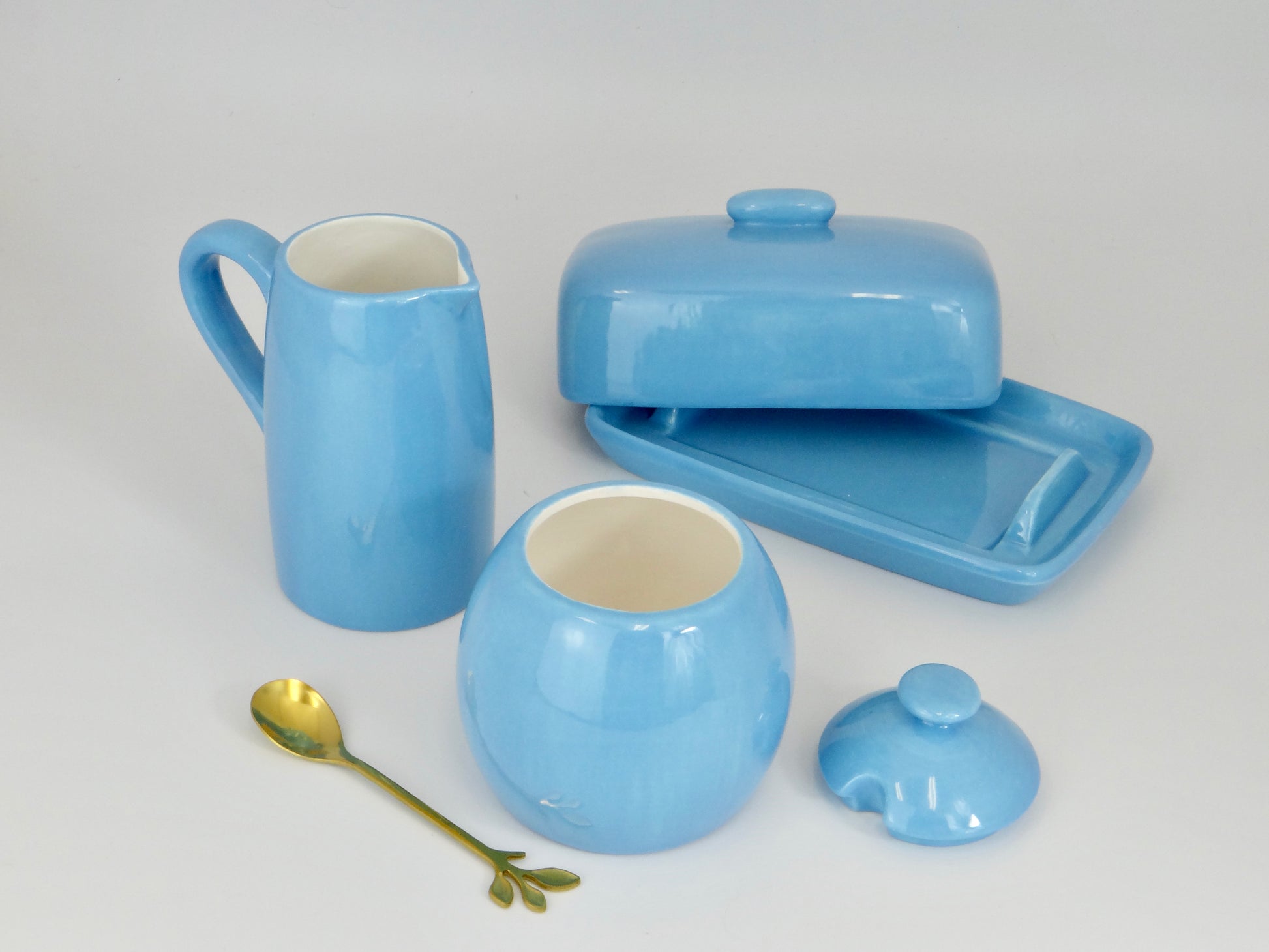 Butter Dish, Sugar Bowl, Milk Jug, Sky Blue Glaze, Peter Bowen Art