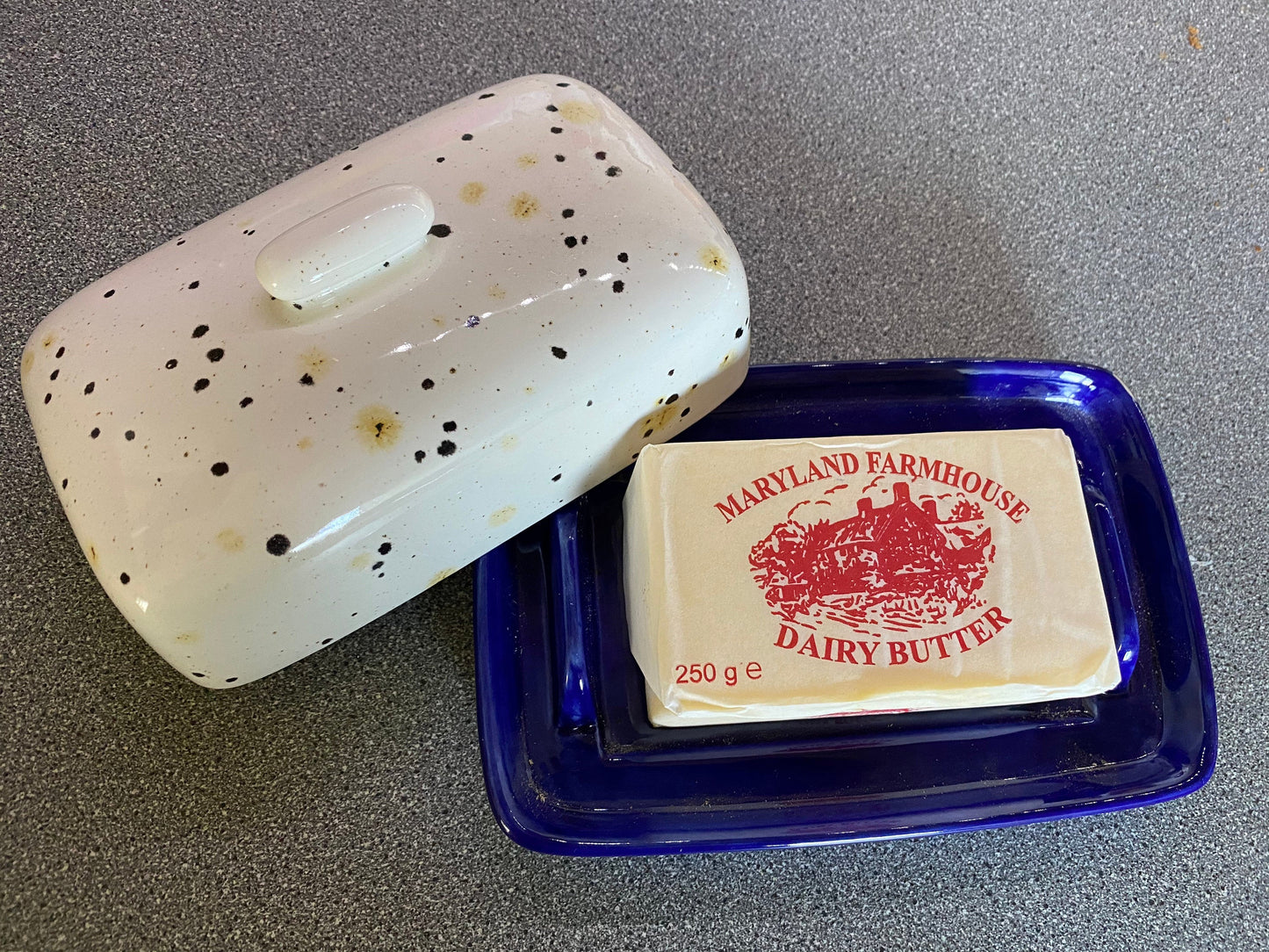Handmade Butter Dish with Confetti Glaze - PeterBowenArt
