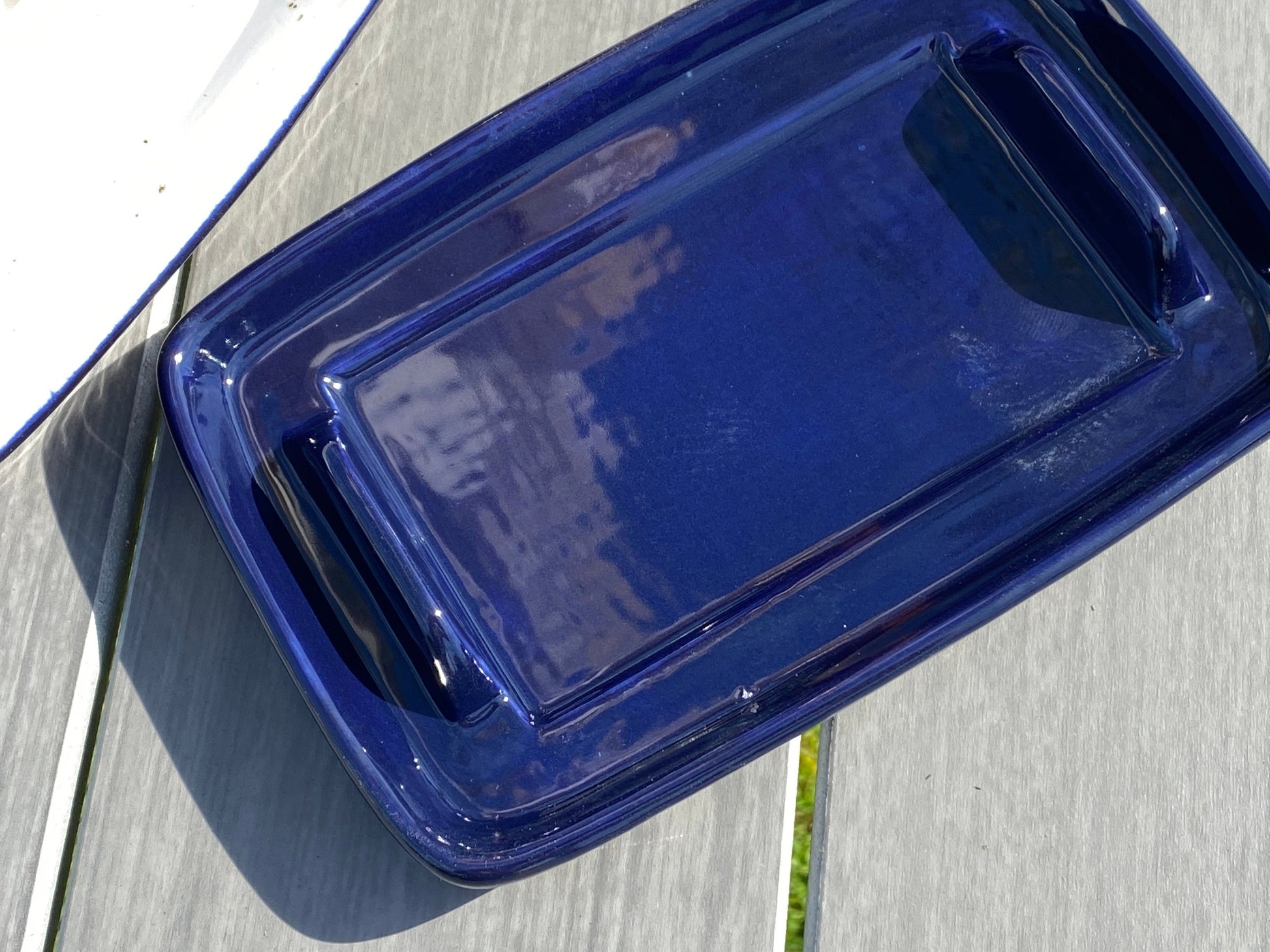 Handmade Butter Dish Dark Blue with Green Handle - PeterBowenArt