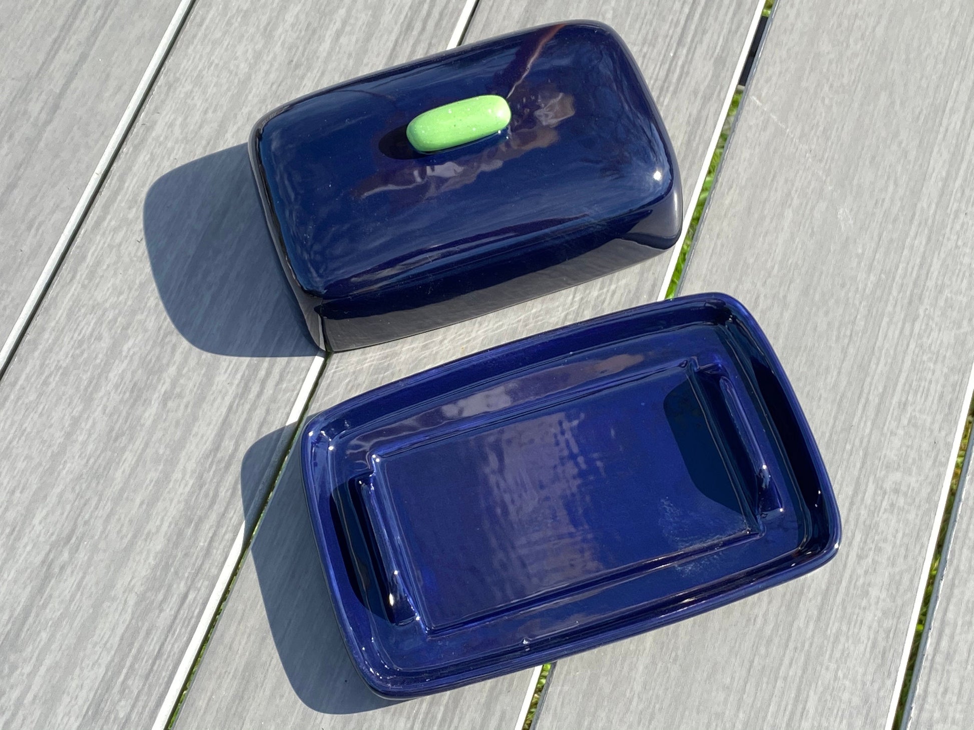 Handmade Butter Dish Dark Blue with Green Handle - PeterBowenArt