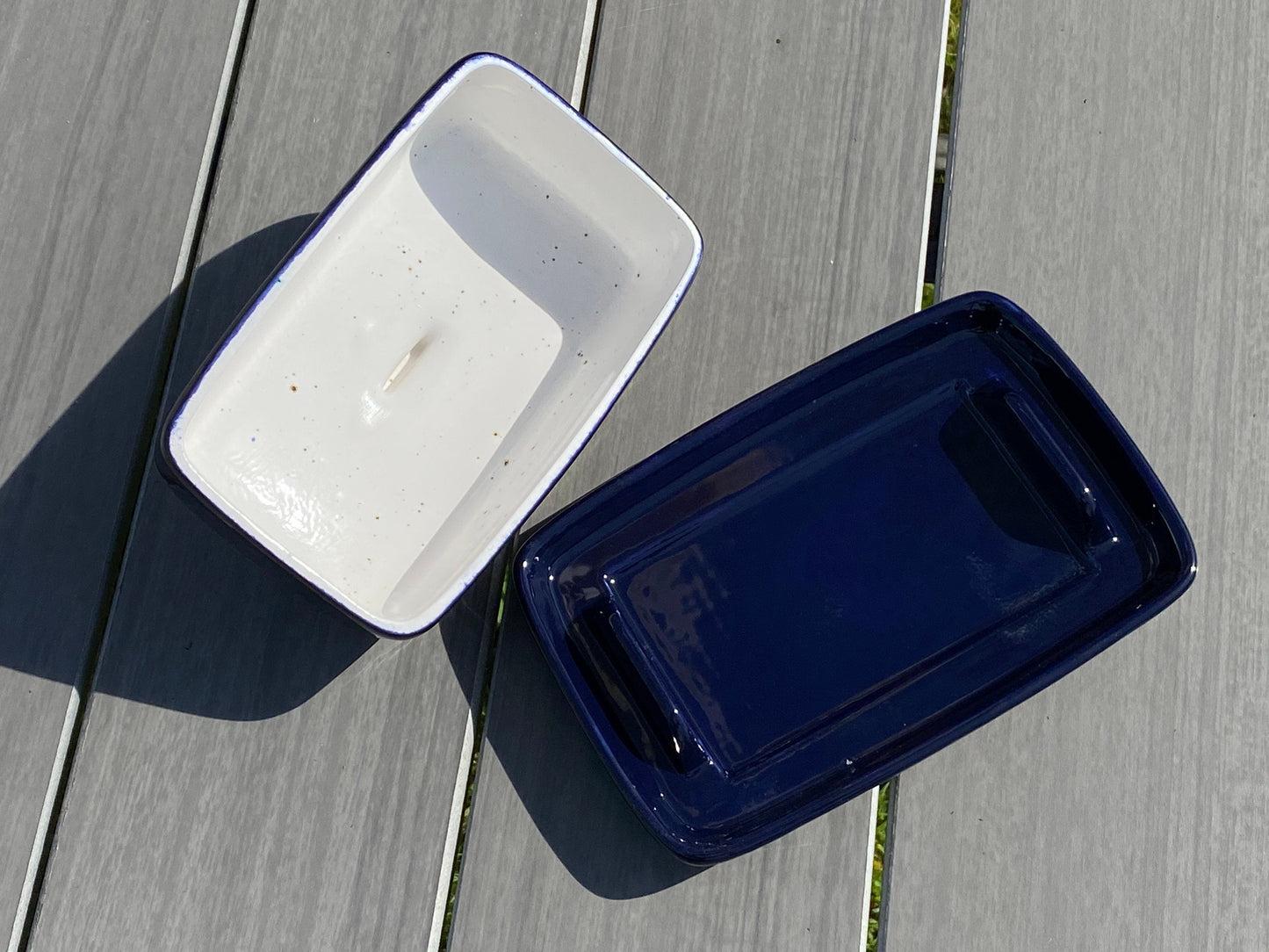 Handmade Butter Dish Dark Blue with Green Handle - PeterBowenArt