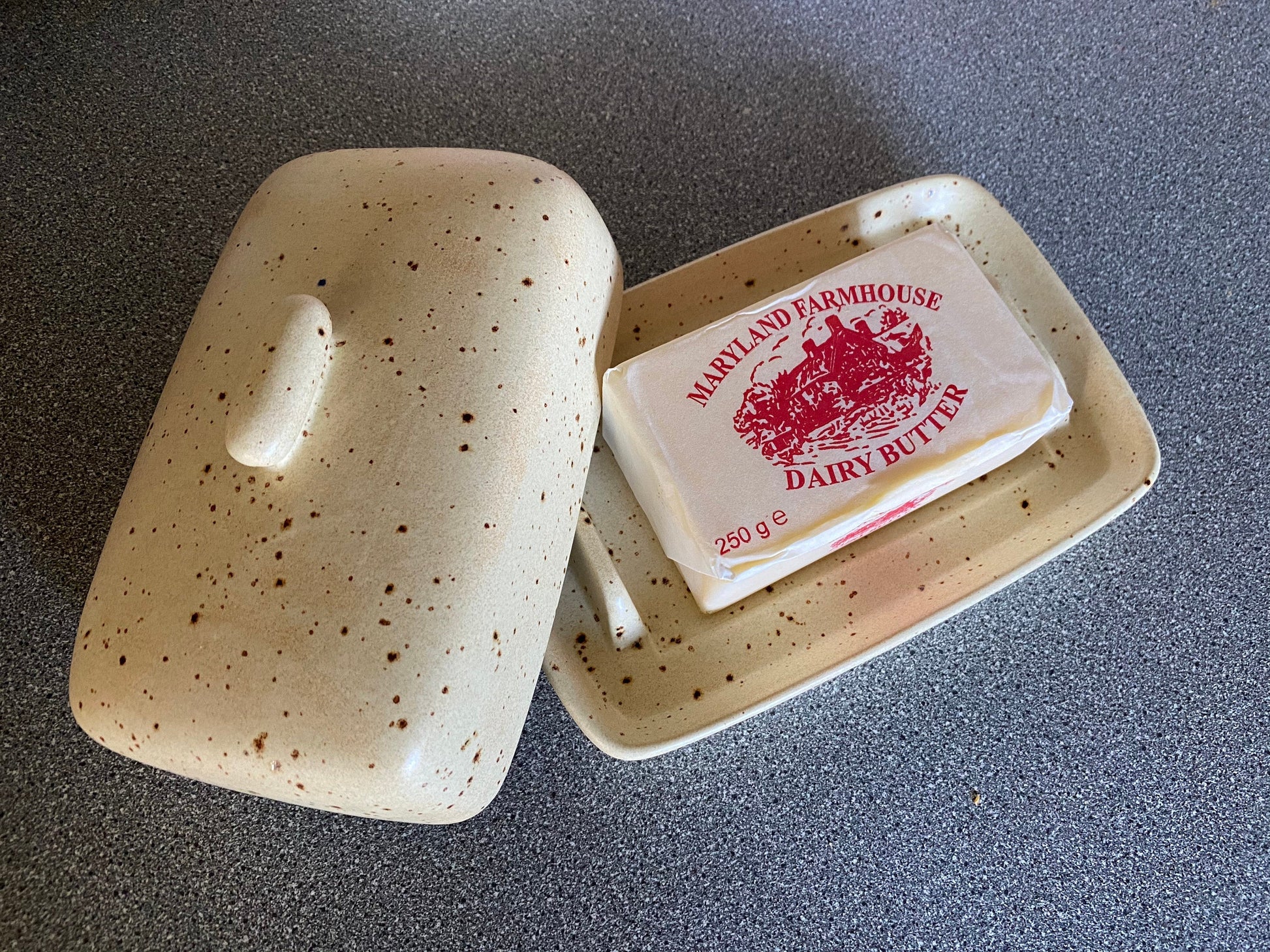 Butter Dish, Butter Keeper, Oatmeal Speckle Glaze - PeterBowenArt