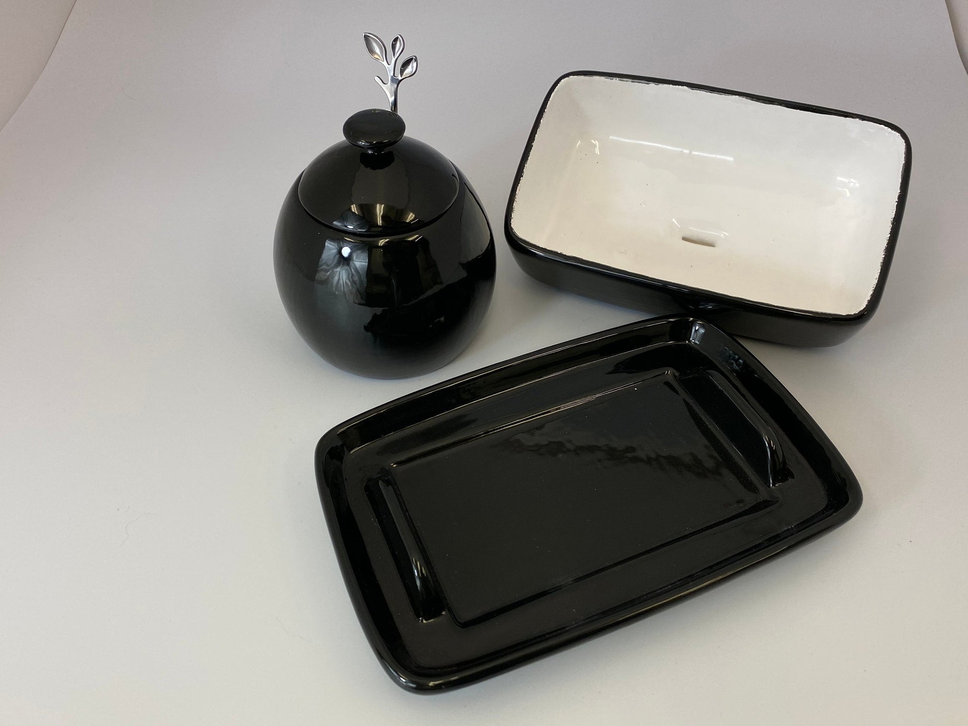 Butter Dish and Sugar Bowl Set - Jet Black Glaze - PeterBowenArt