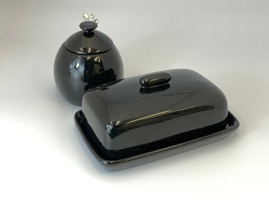 Butter Dish and Sugar Bowl Set - Jet Black Glaze - PeterBowenArt