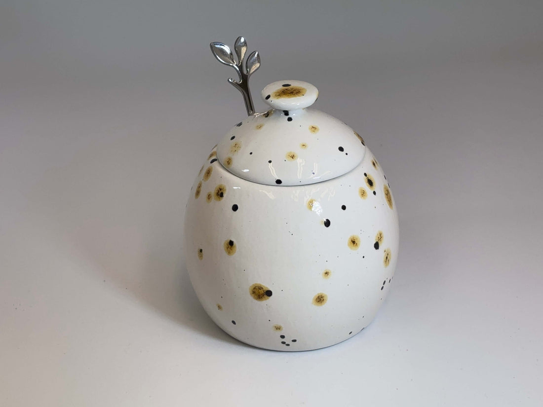 Sugar Bowl with Lid, Jam Pot, Leafy Spoon, Confetti Glaze
