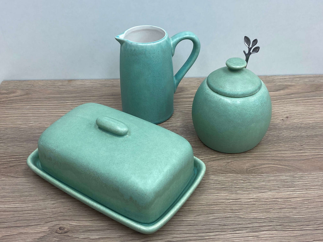 Butter Dish, Sugar Bowl and Milk Jug Set - Cornish Copper Glaze