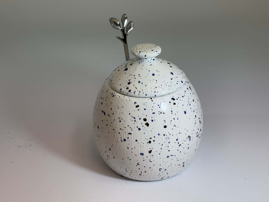 Sugar Bowl with Lid and Spoon in a Speckled Blue Glaze
