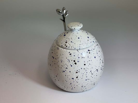 Sugar Bowl with Lid and Spoon in a Speckled Blue Glaze