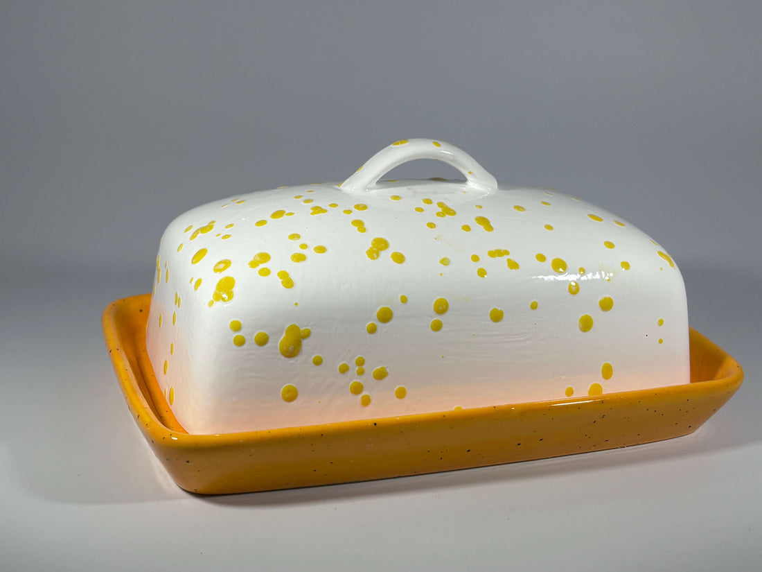 Stoneware Butter Dish with White Lid Yellow Spots