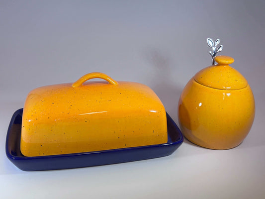 Butter Dish and Sugar Bowl Set - Yellow Speckle Glaze