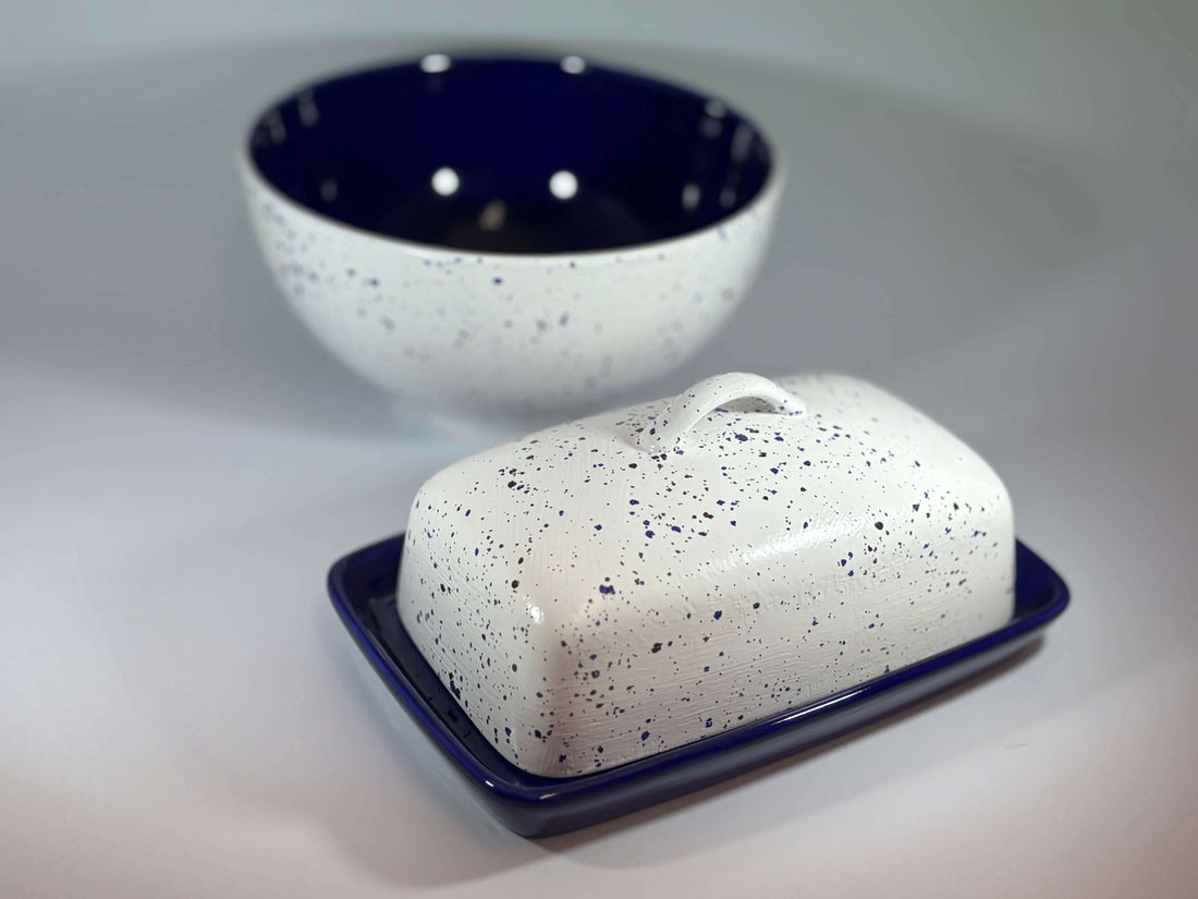 Fruit Bowl and Butter Dish Set - Royal Blue Speckle Glaze