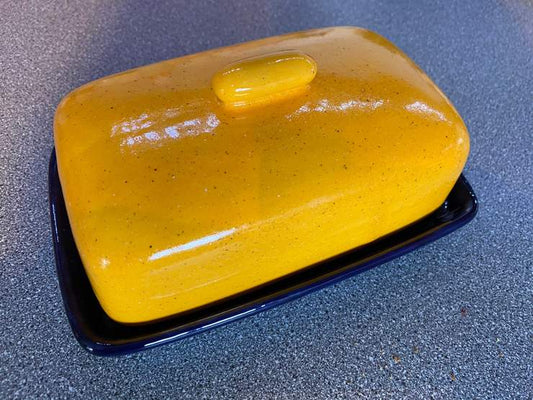 Butter Dish Yellow with Royal Blue Dish