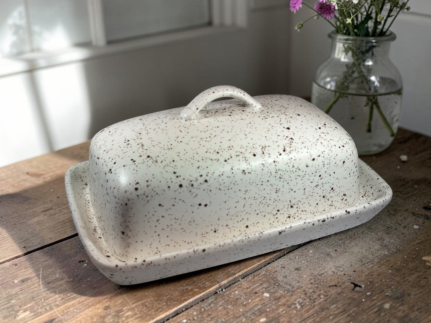 stoneware speckled white butter dish