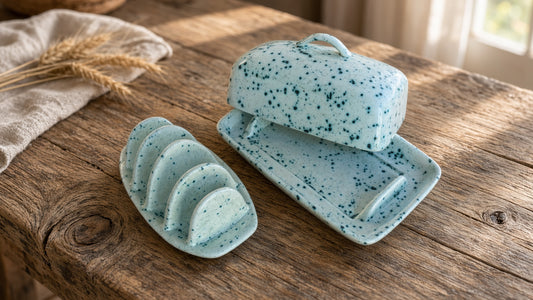 Butter Dish and Toast Rack Set - Speckled Green Glaze