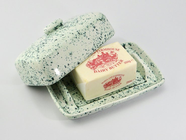 Speckled Green Butter Dish and Lid with Butter