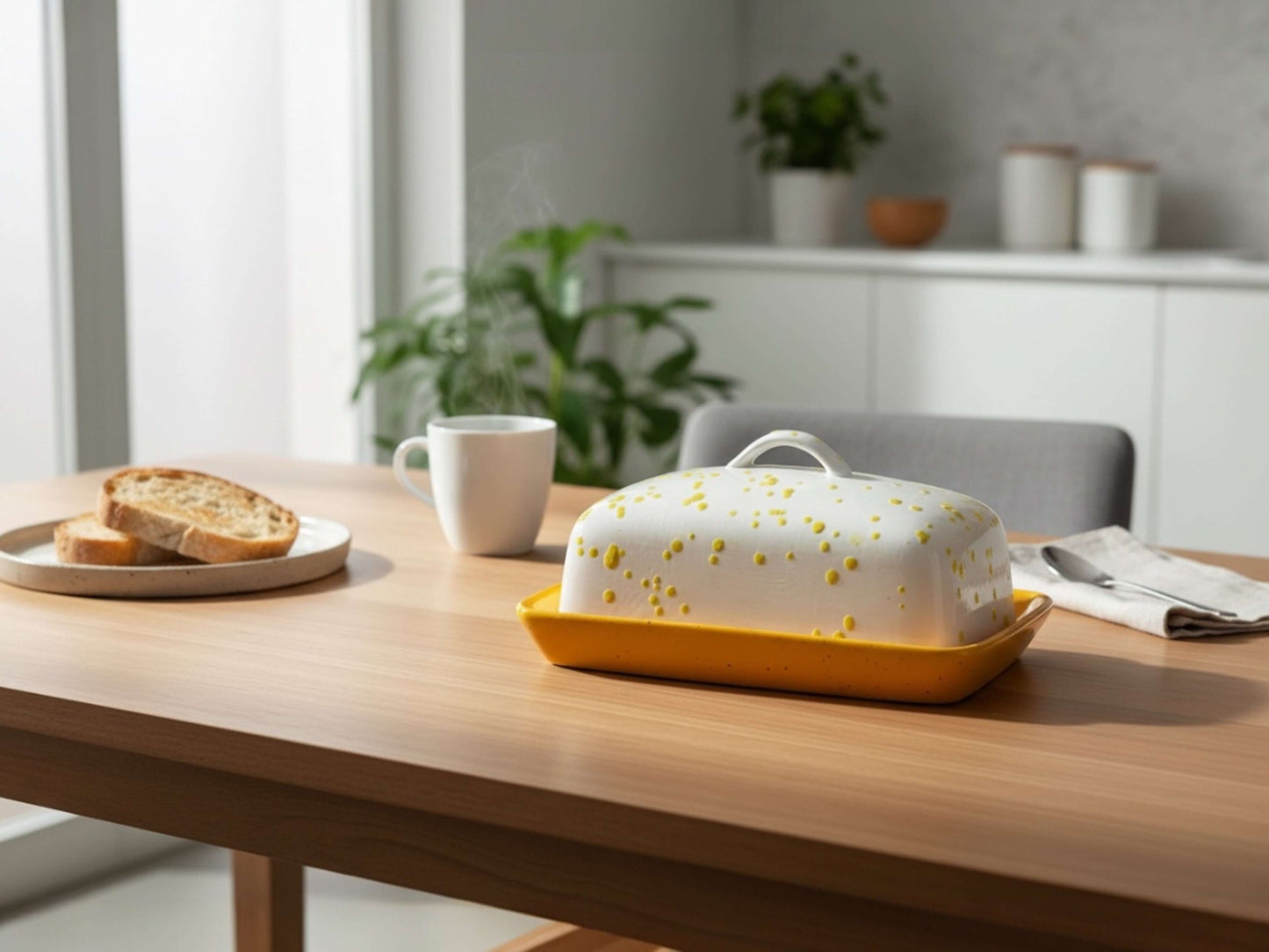 Stoneware Butter Dish with White Lid Yellow Spots