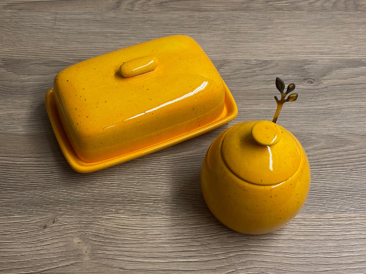 Butter Dish with Sugar Bowl Set - Yellow Speckle Glaze
