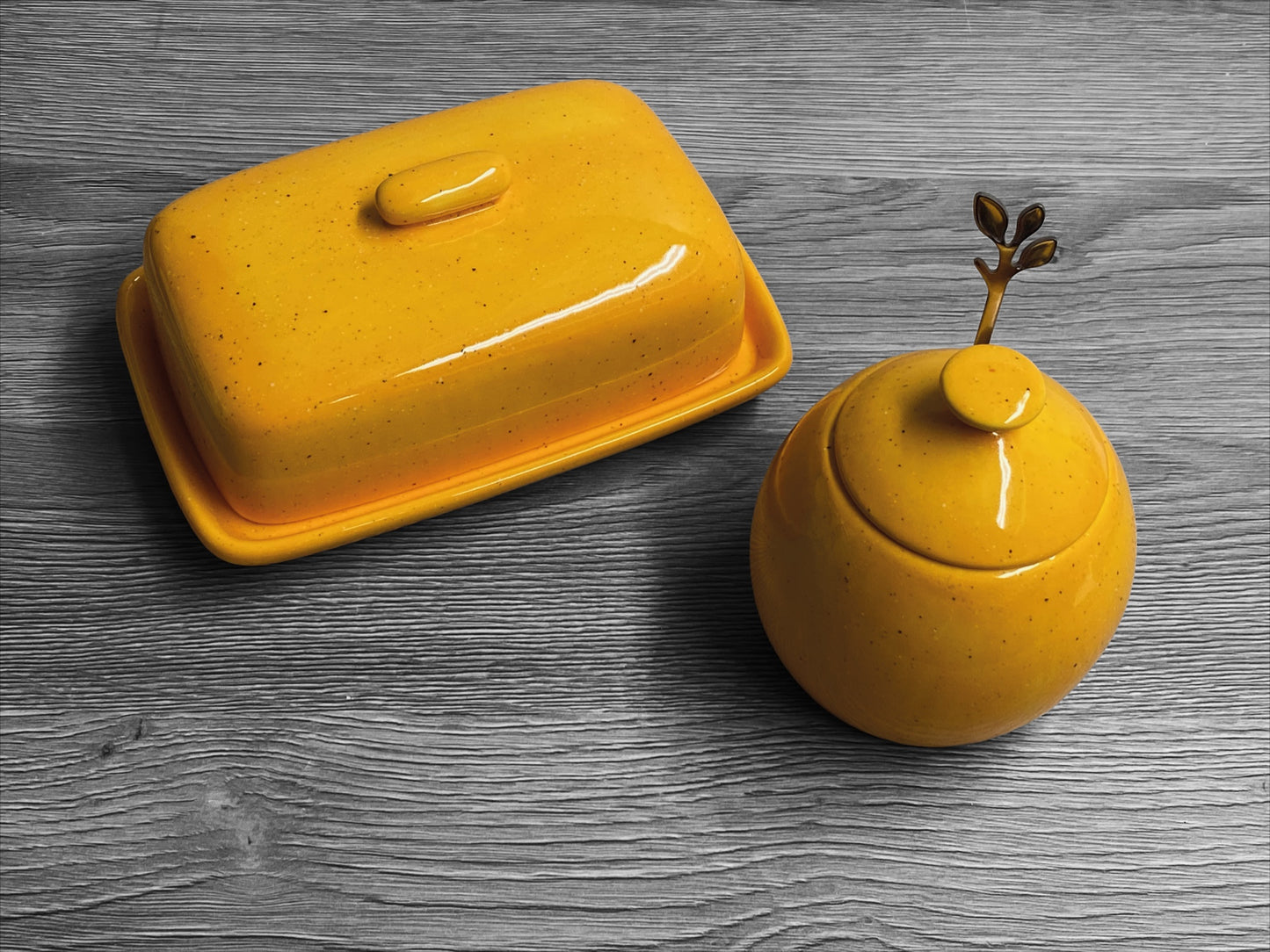Butter Dish with Sugar Bowl Set - Yellow Speckle Glaze