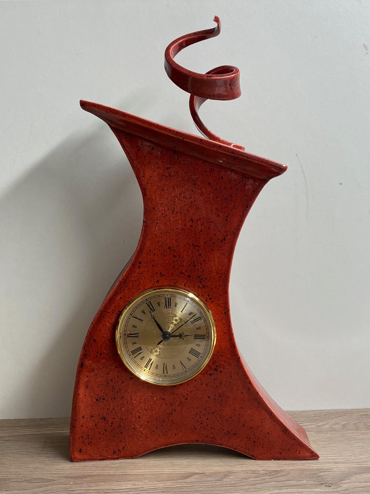 Tall Ceramic Mantel Clock with Enclosed Face - Speckled Red